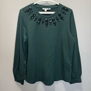 Chico's Top Size 1/M Green Beaded Squares Long Sleeve Pullover